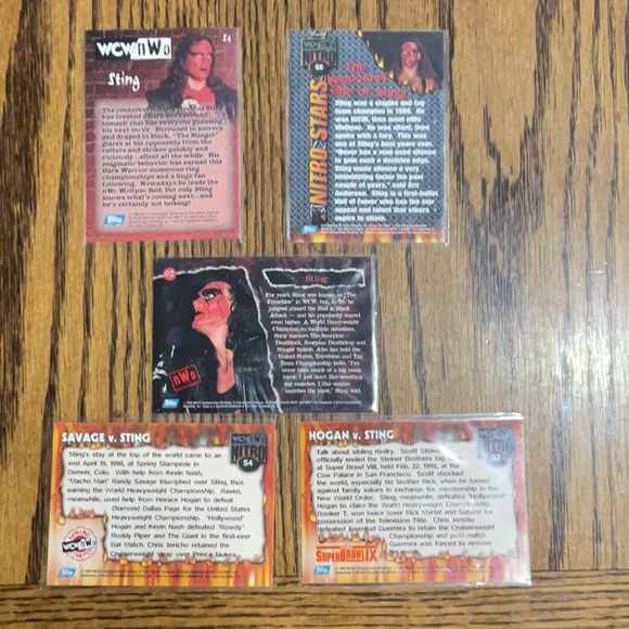 5 STING wrestling collectors cards including Hogan & Savage WCWnWo Nitro NWO - Picture 2 of 7